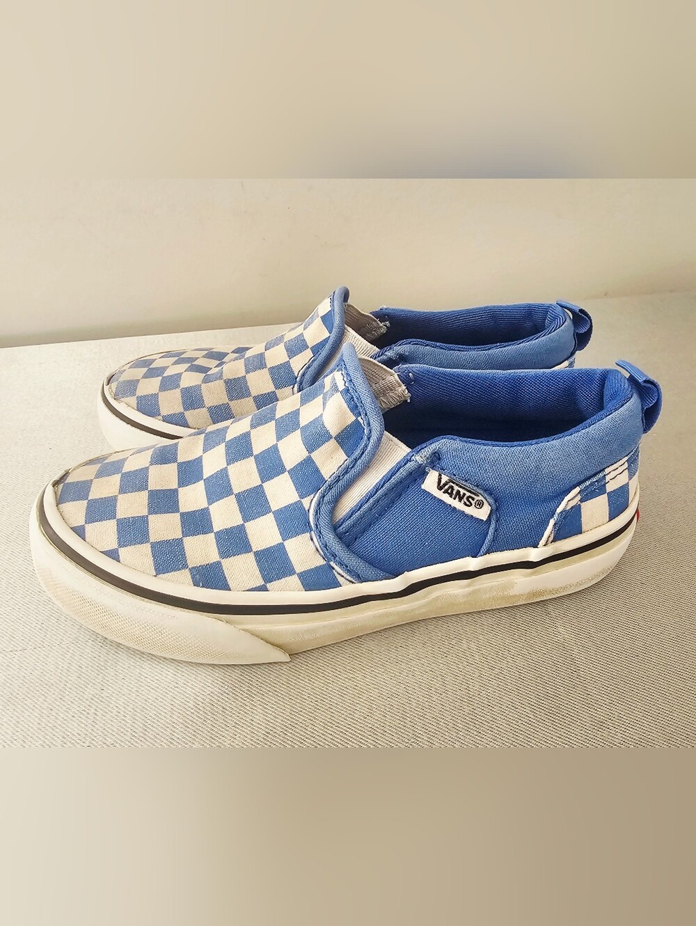VANS Classic Kids Blue & White Checker Board Slip On Sneakers